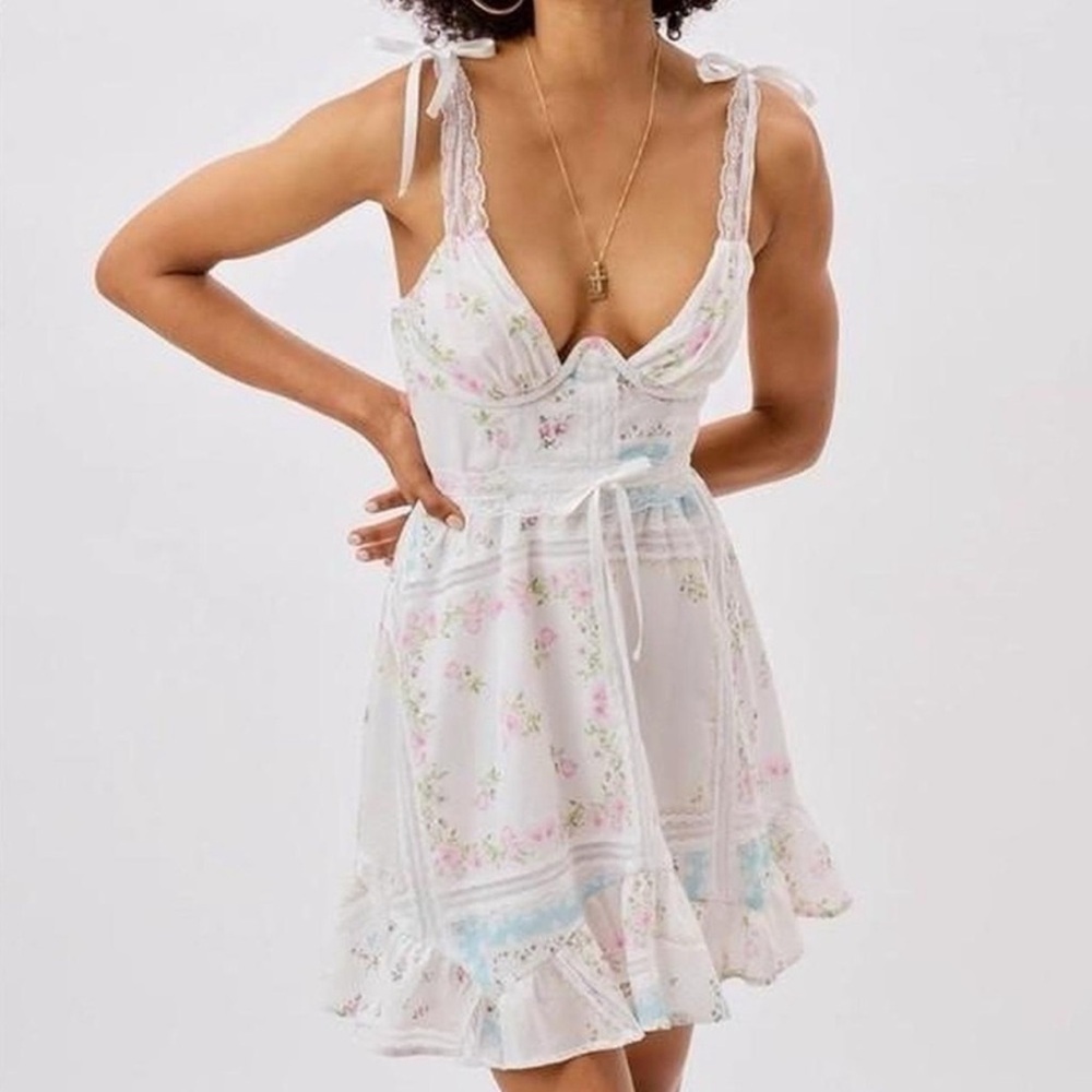 For Love And Lemons White Floral Tie-Shoulder Mini Dress